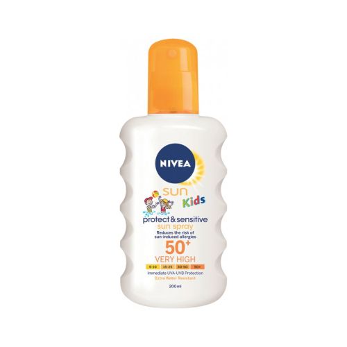 Nivea Sun OF50+ Protect & Sensitive d�tsk� sprej na opalov�n�, 200 ml Nivea Sun OF50+ Protect & Sensitive d�tsk� sprej na opalov�n�, 200 ml